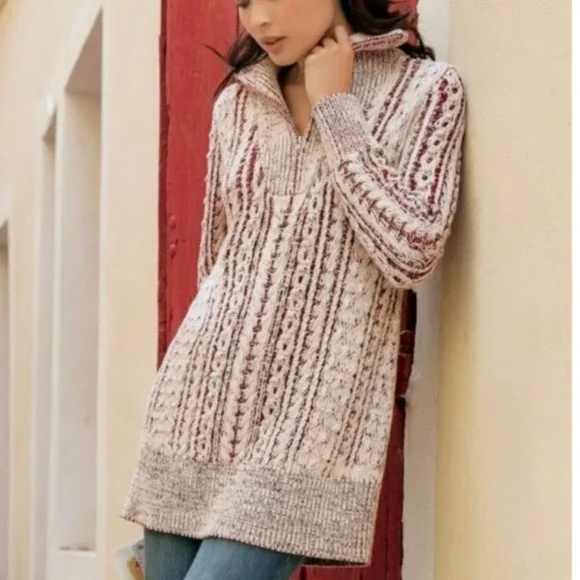 Soft Surroundings Tunic 1/4 Zip Sweater Cableknit Sm Cottagecore Pink/Red/Cream - Picture 1 of 9